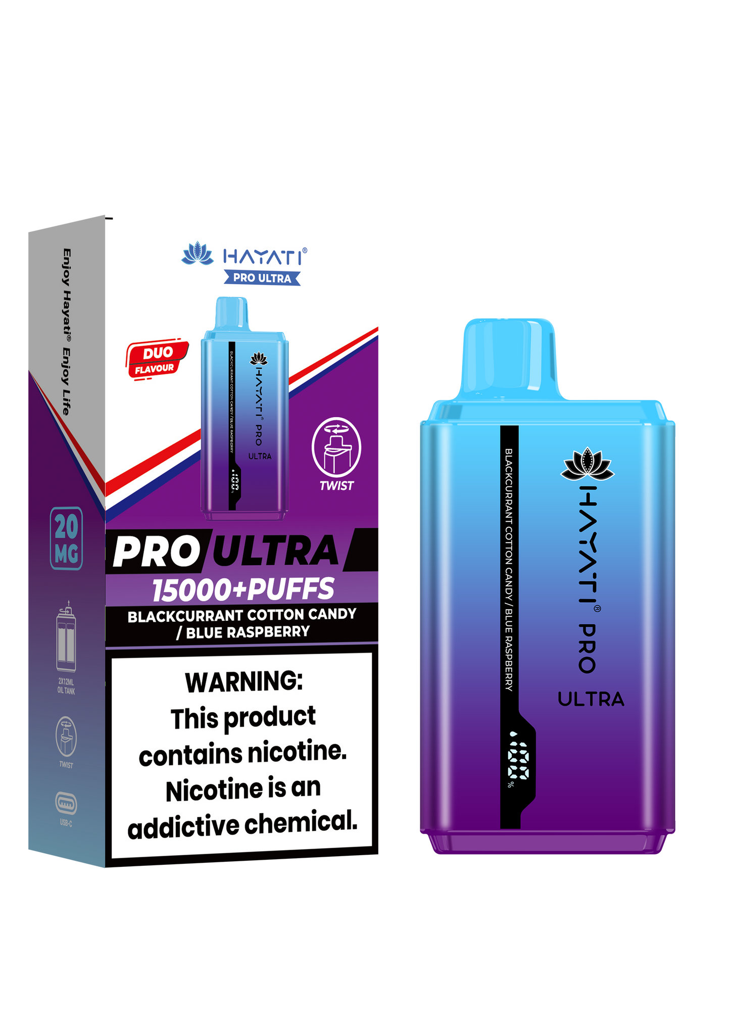 Hayati® Pro Ultra 15000+ Puffs - (Box Of 10) (0MG) Blackcurrant Cotton Candy Blue Raspberry (Duo Flavours)