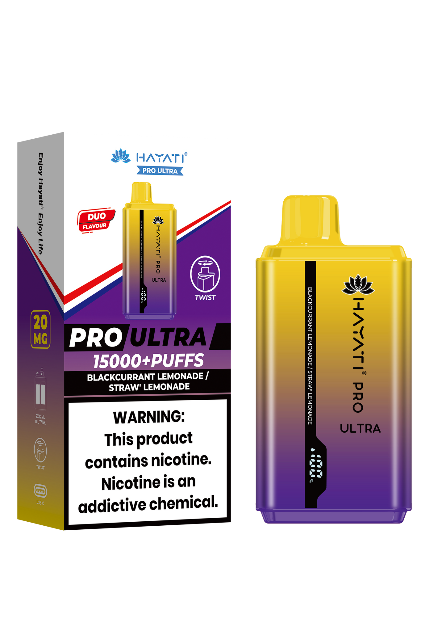 Hayati® Pro Ultra 15000+ Puffs - (Box Of 10) (0MG) Blackcurrant Lemonade Strawberry Lemonade (Duo Flavours)
