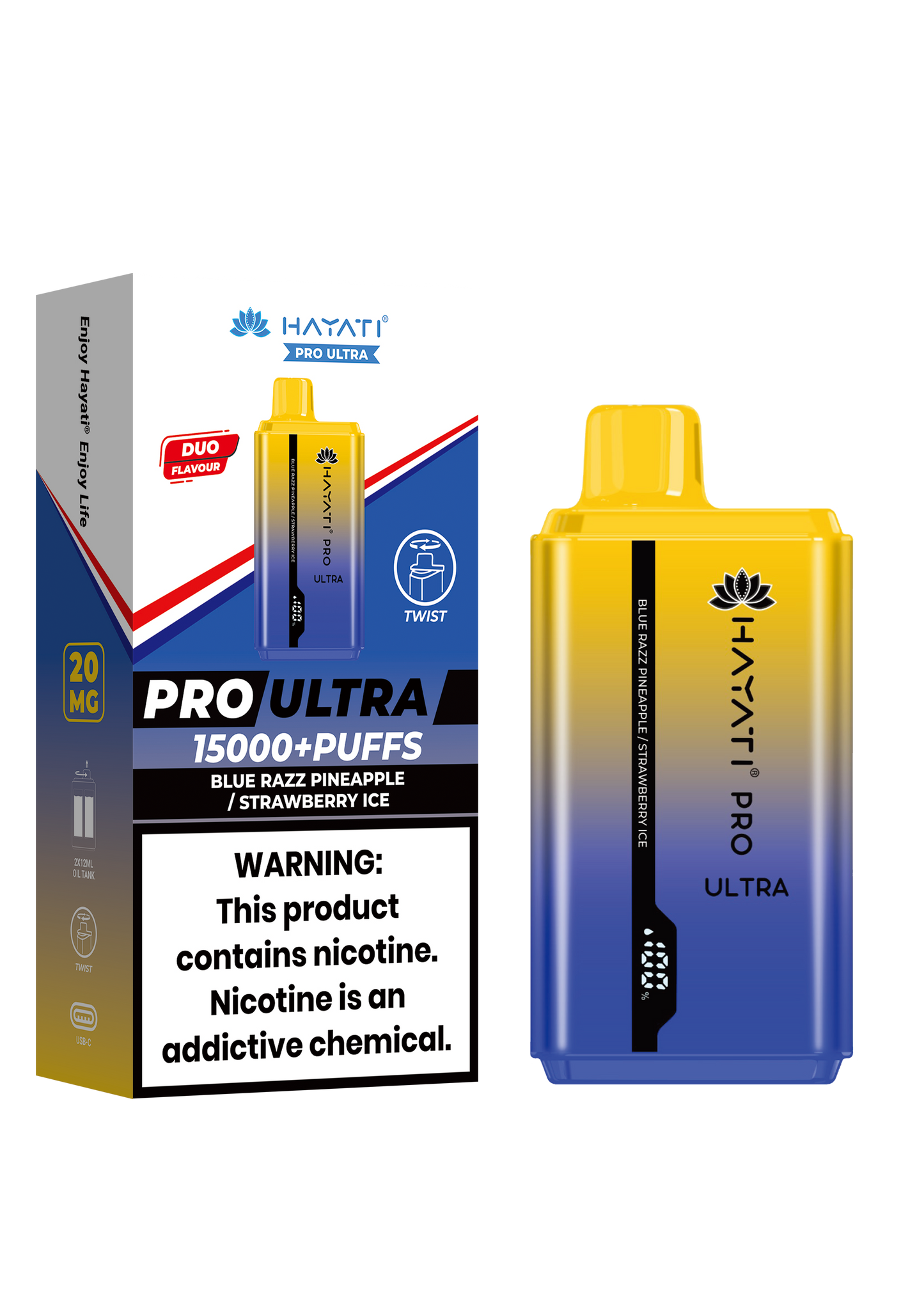 Hayati® Pro Ultra 15000+ Puffs - (Box Of 10) (0MG) Blue Razz Pineapple Strawberry Ice
