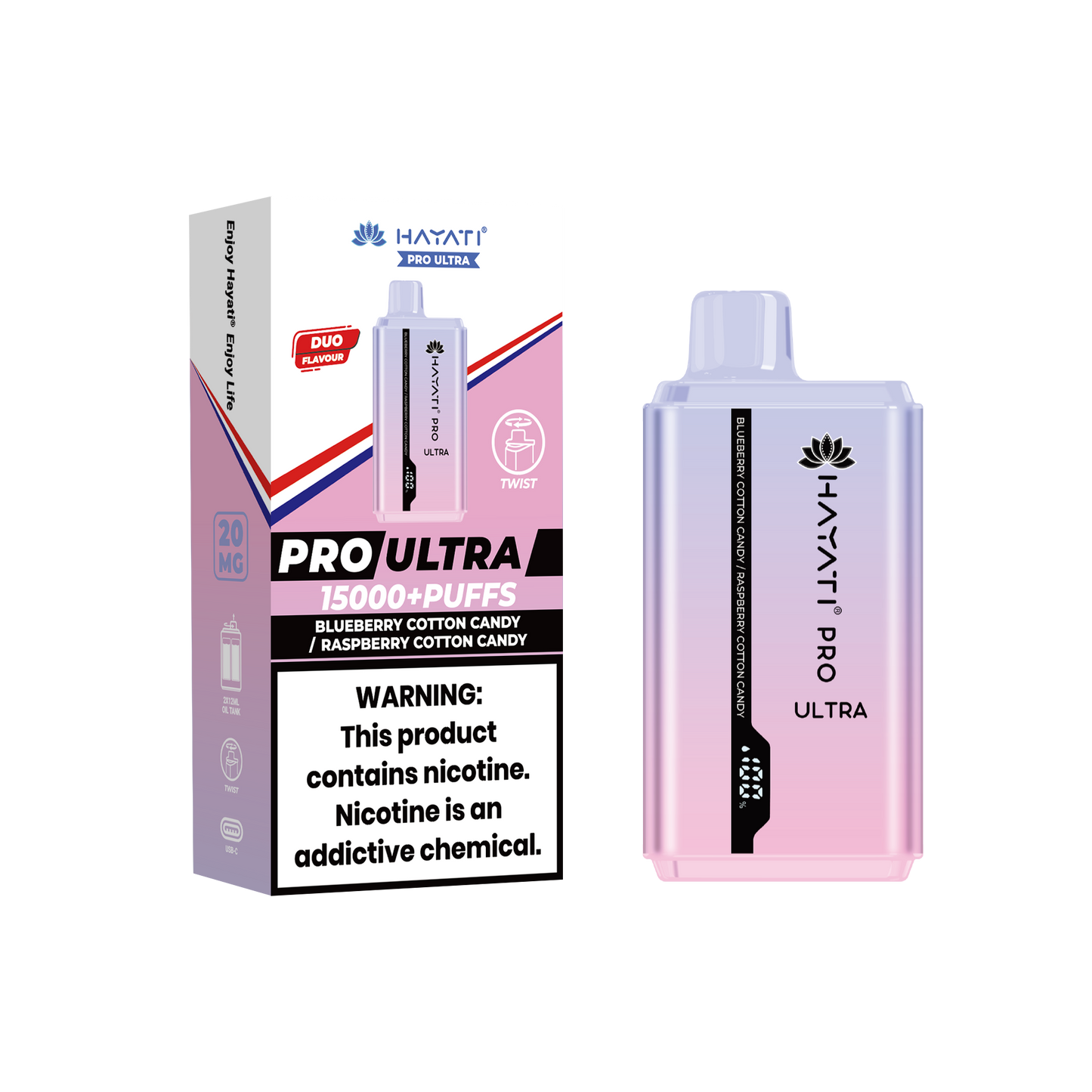Hayati® Pro Ultra 15000+ Puffs - (Box Of 10) (0MG) Blueberry Cotton Candy Raspberry Cotton Candy