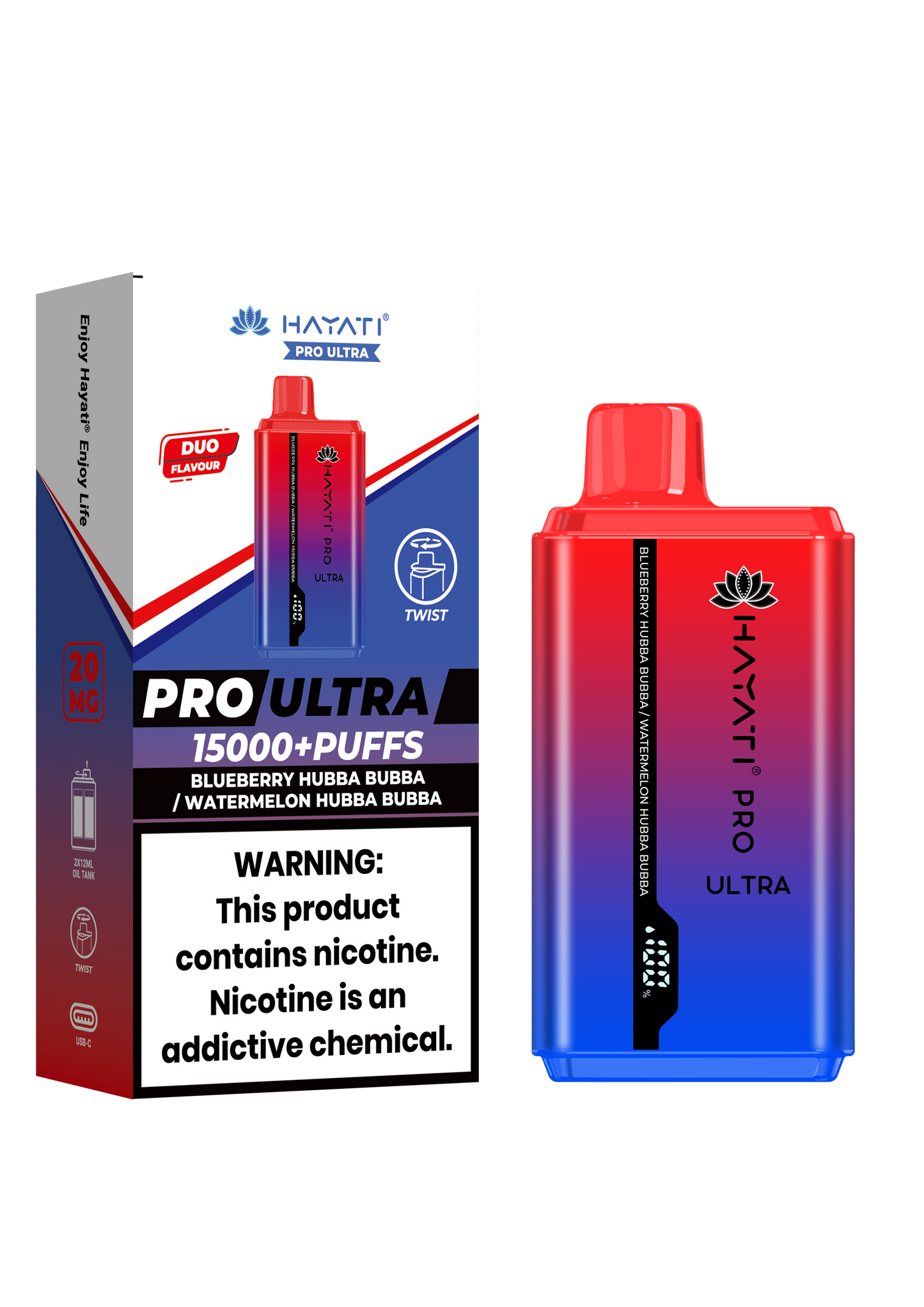 Hayati® Pro Ultra 15000+ Puffs - (Box Of 10) (0MG) Blueberry Hubba Bubba Watermelon Hubba Bubba