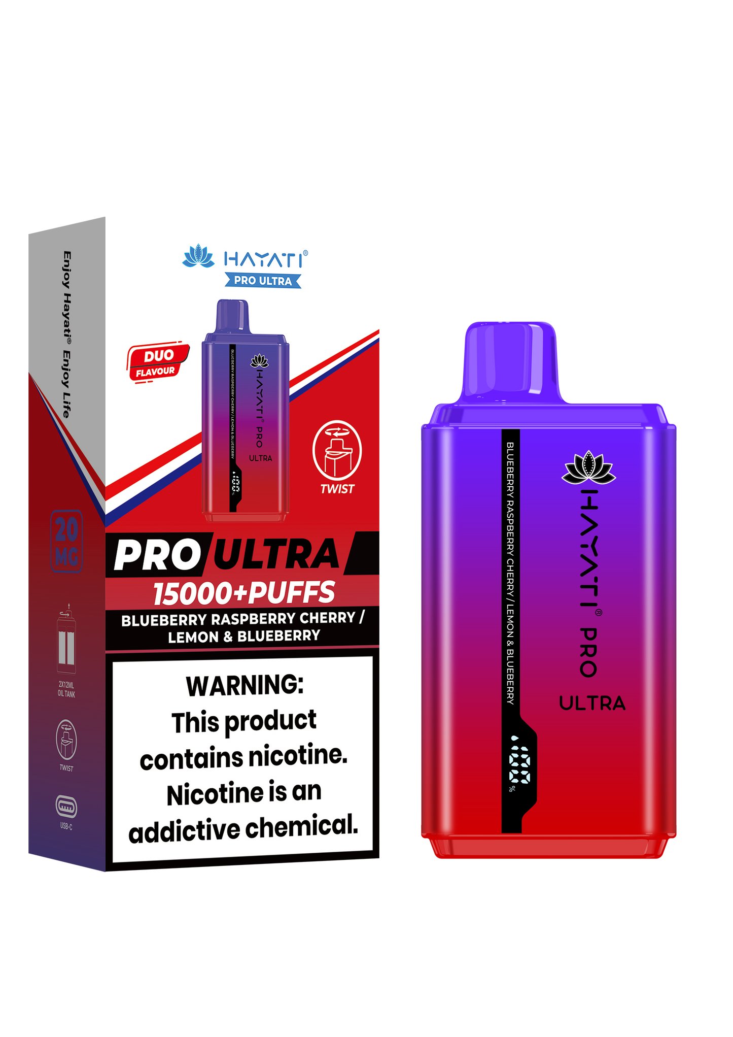Hayati® Pro Ultra 15000+ Puffs - (Box Of 10) (0MG) Blueberry Raspberry Cherry Lemon & Blueberry