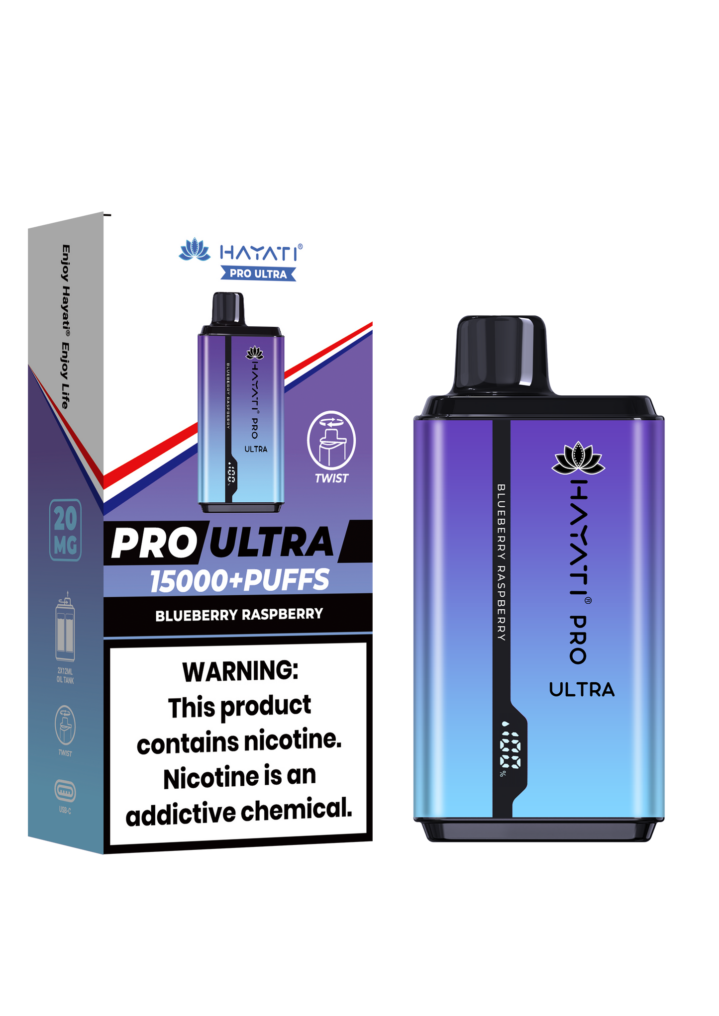 Hayati® Pro Ultra 15000+ Puffs - (Box Of 10) (0MG) Blueberry Raspberry