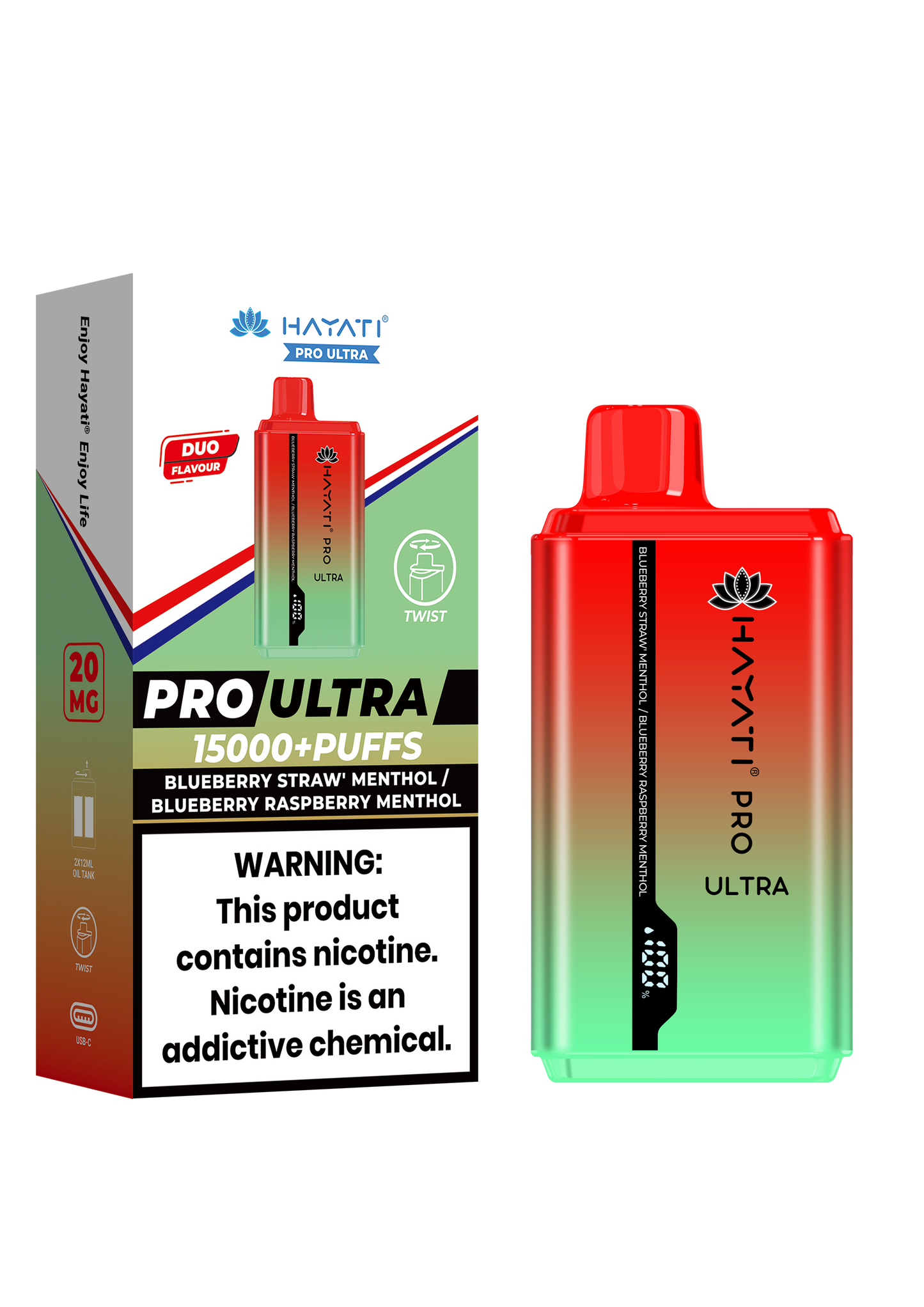 Hayati® Pro Ultra 15000+ Puffs - (Box Of 10) (0MG) Blueberry Strawberry Menthol Blueberry Raspberry Menthol
