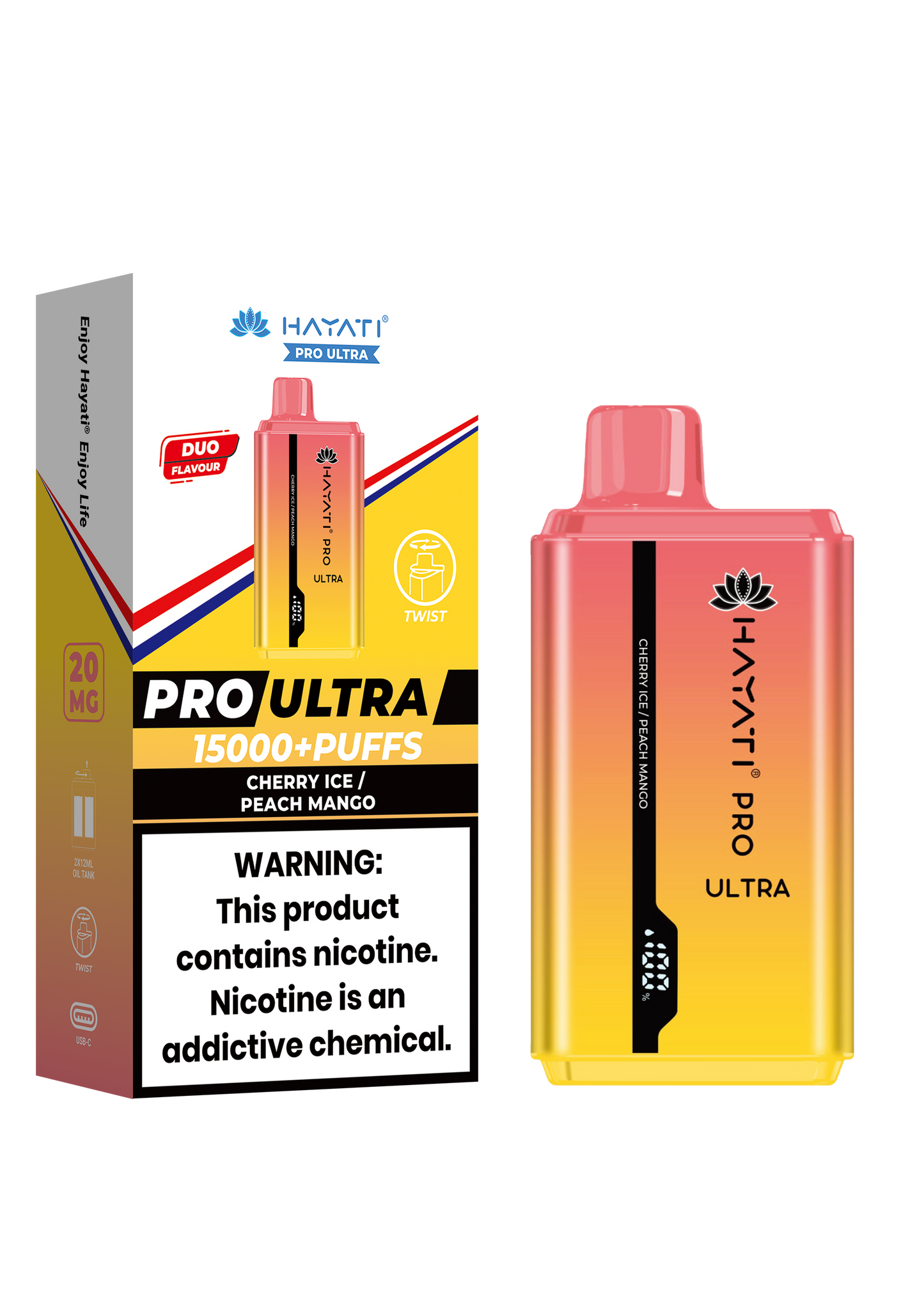 Hayati® Pro Ultra 15000+ Puffs - (Box Of 10) (0MG) Cherry Ice Peach Mango