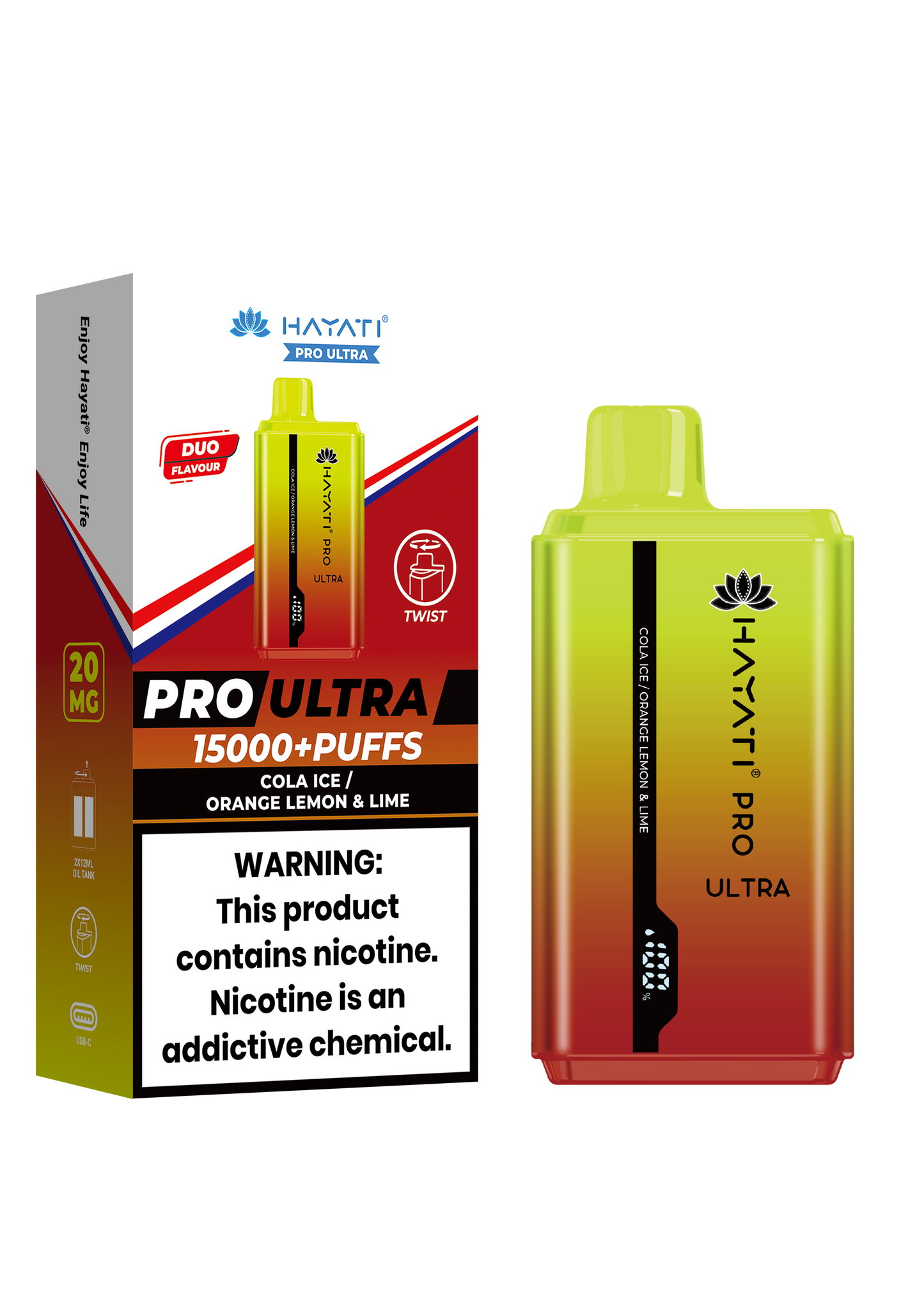 Hayati® Pro Ultra 15000+ Puffs - (Box Of 10) (0MG) Cola Ice Orange Lemon & Lime