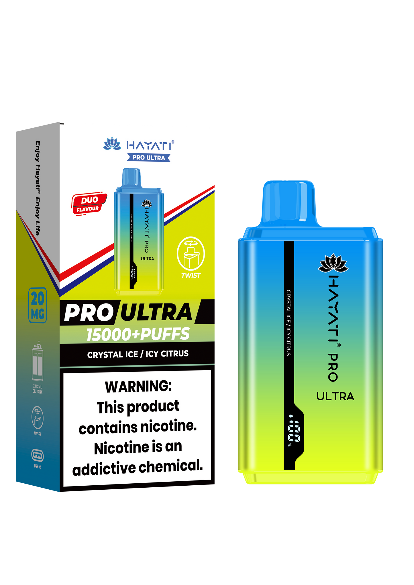 Hayati® Pro Ultra 15000+ Puffs - (Box Of 10) (0MG) Crystal Ice Icy Citrus