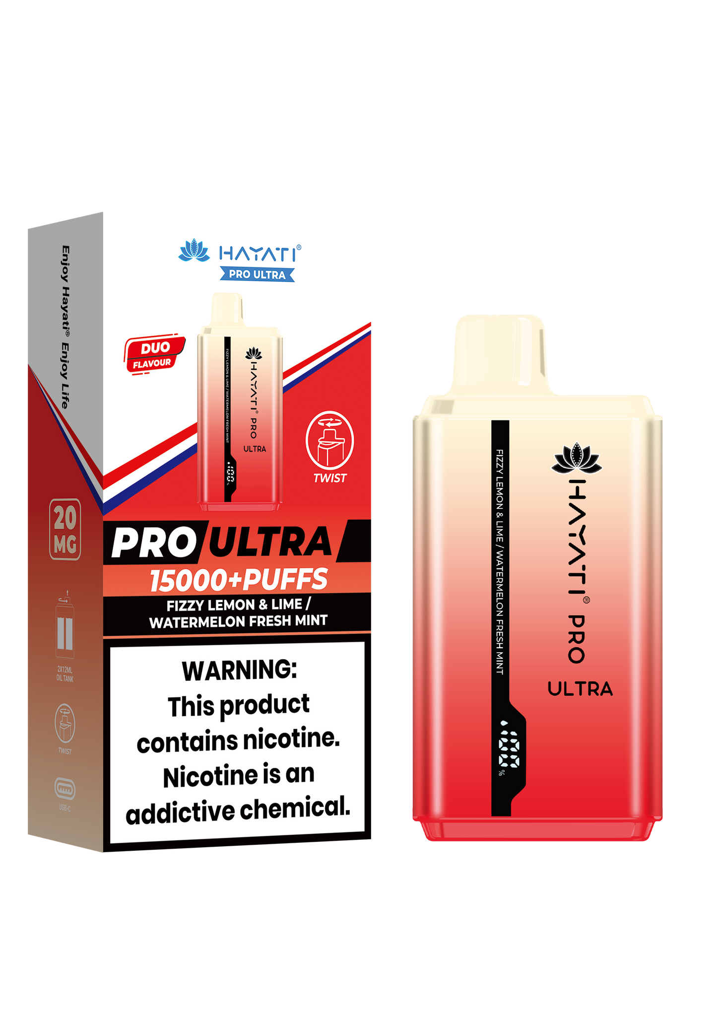 Hayati® Pro Ultra 15000+ Puffs - (Box Of 10) (0MG) Fizzy Lemon & Lime Watermelon Fresh Mint
