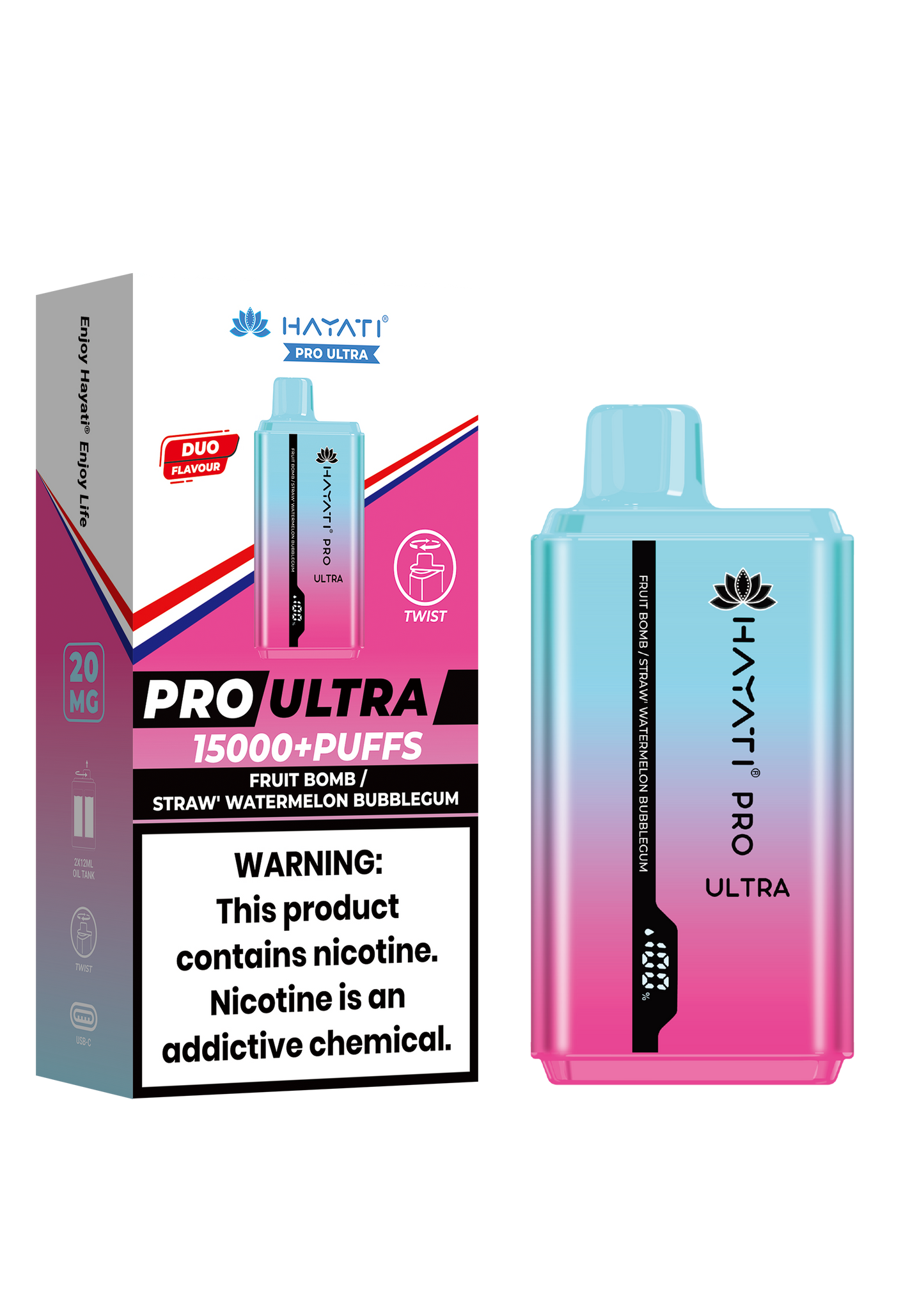 Hayati® Pro Ultra 15000+ Puffs - (Box Of 10) (0MG) Fruit Bomb Strawberry Watermelon Bubblegum