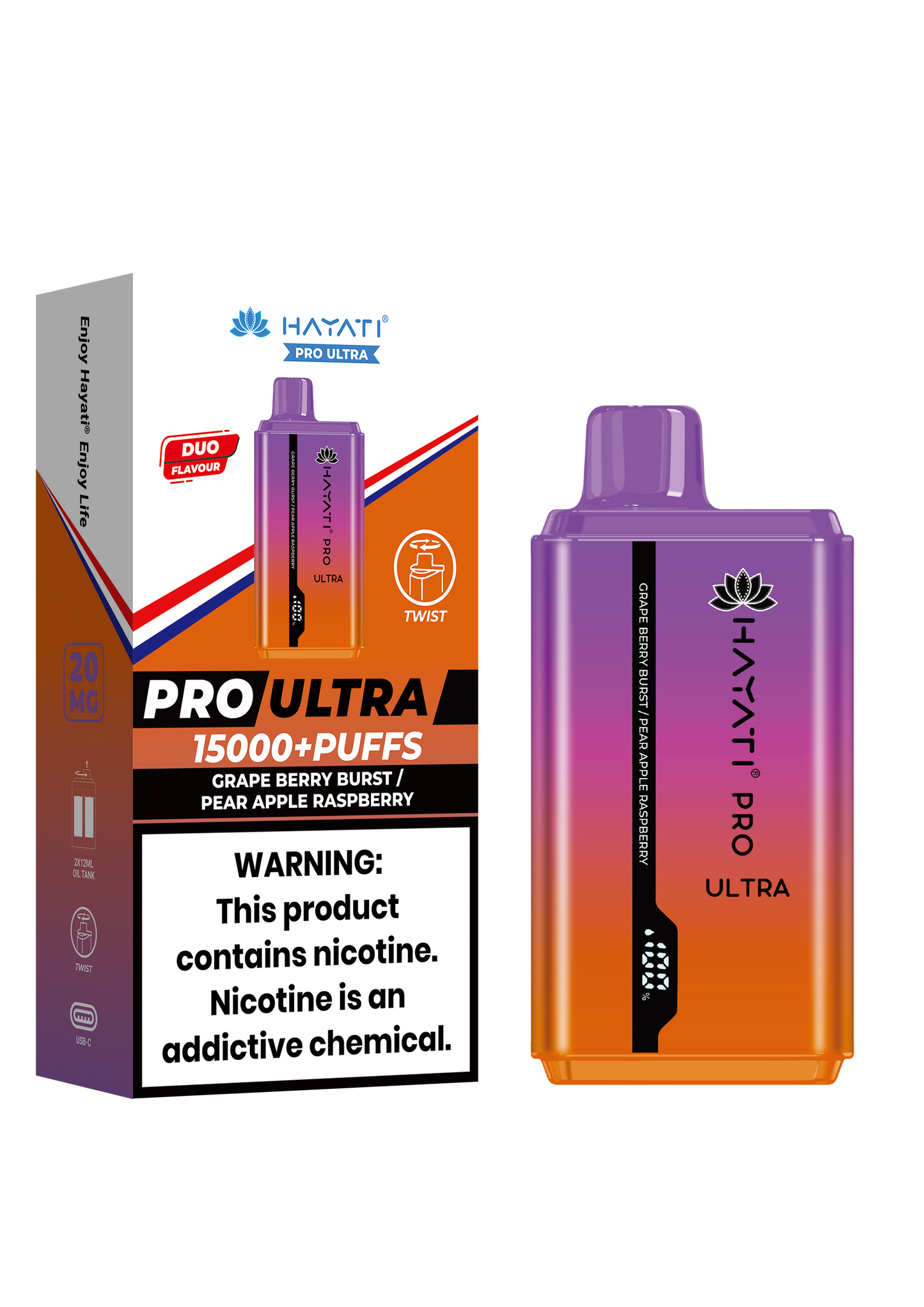 Hayati® Pro Ultra 15000+ Puffs - (Box Of 10) (0MG) Grape Berry Burst Pear Apple Raspberry