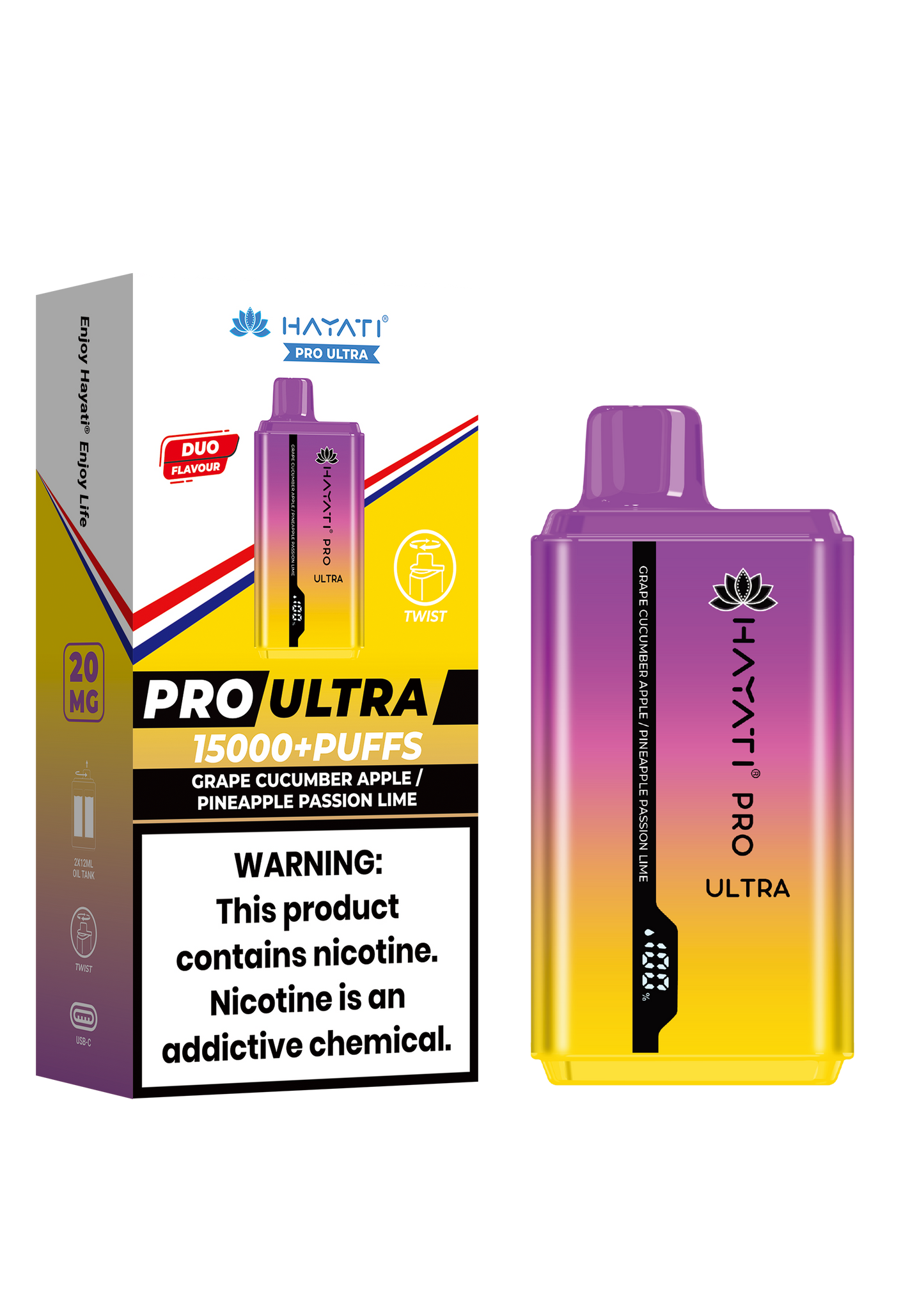 Hayati® Pro Ultra 15000+ Puffs - (Box Of 10) (0MG) Grape Cucumber Apple Pineapple Passion Lime