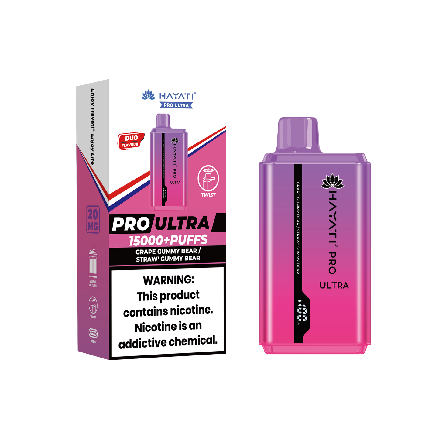 Hayati® Pro Ultra 15000+ Puffs - (Box Of 10) (0MG) Grape Gummy Bear Strawberry Gummy Bear