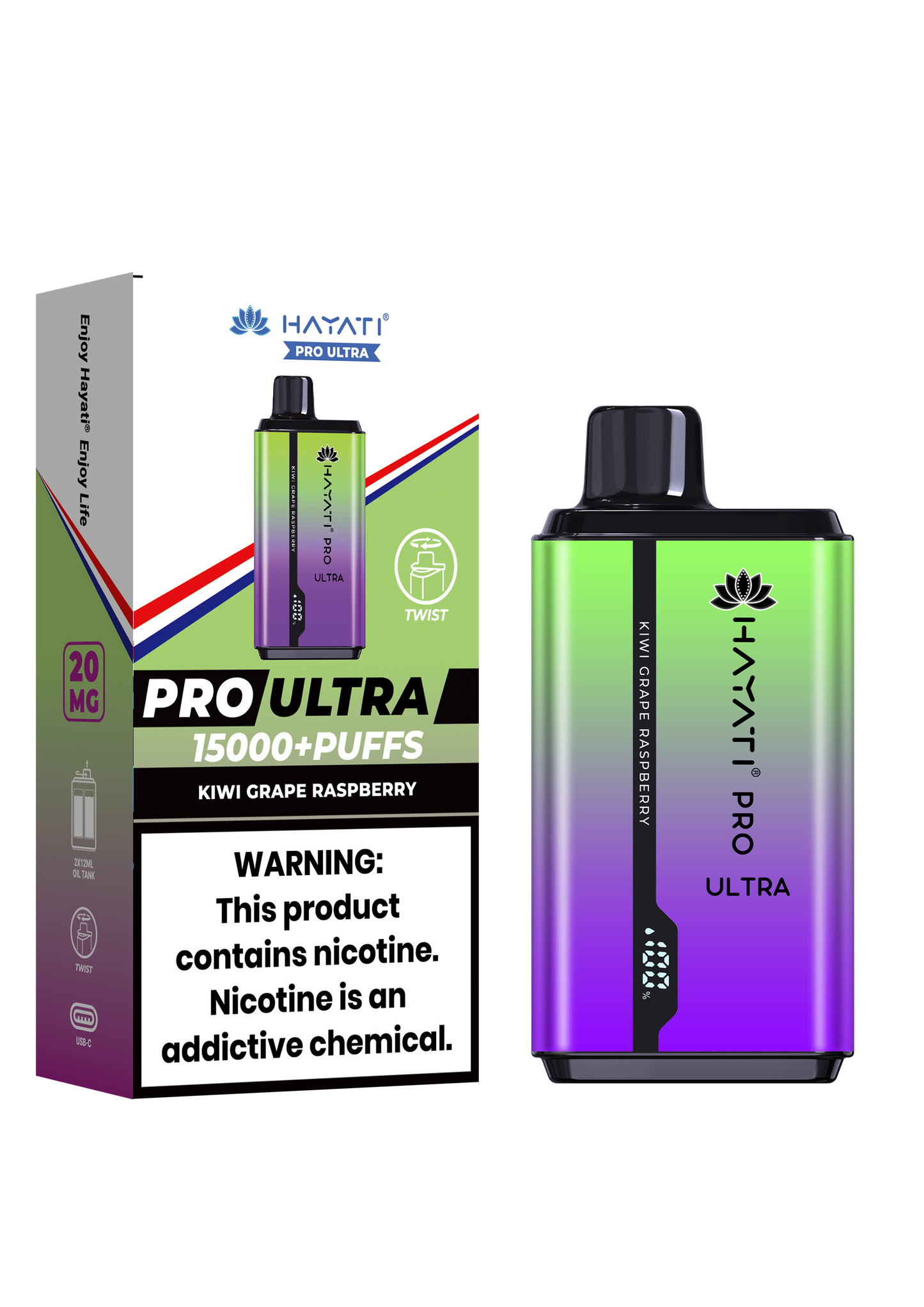 Hayati® Pro Ultra 15000+ Puffs - (Box Of 10) (0MG) Kiwi Grape Raspberry