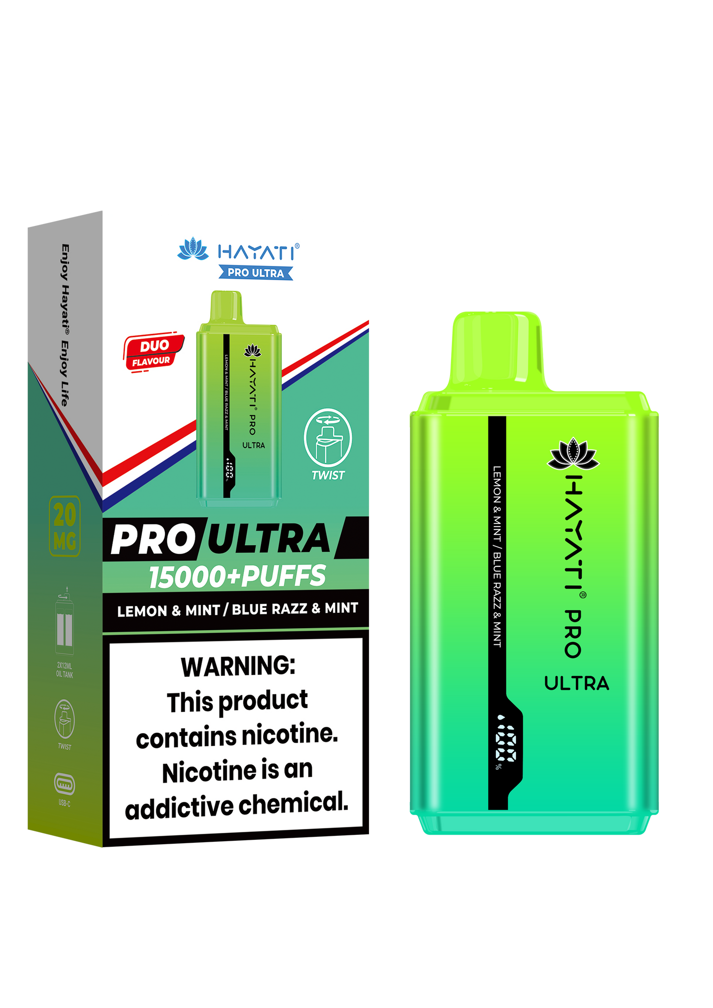 Hayati® Pro Ultra 15000+ Puffs - (Box Of 10) (0MG) Lemon & Mint Blue Razz & Mint
