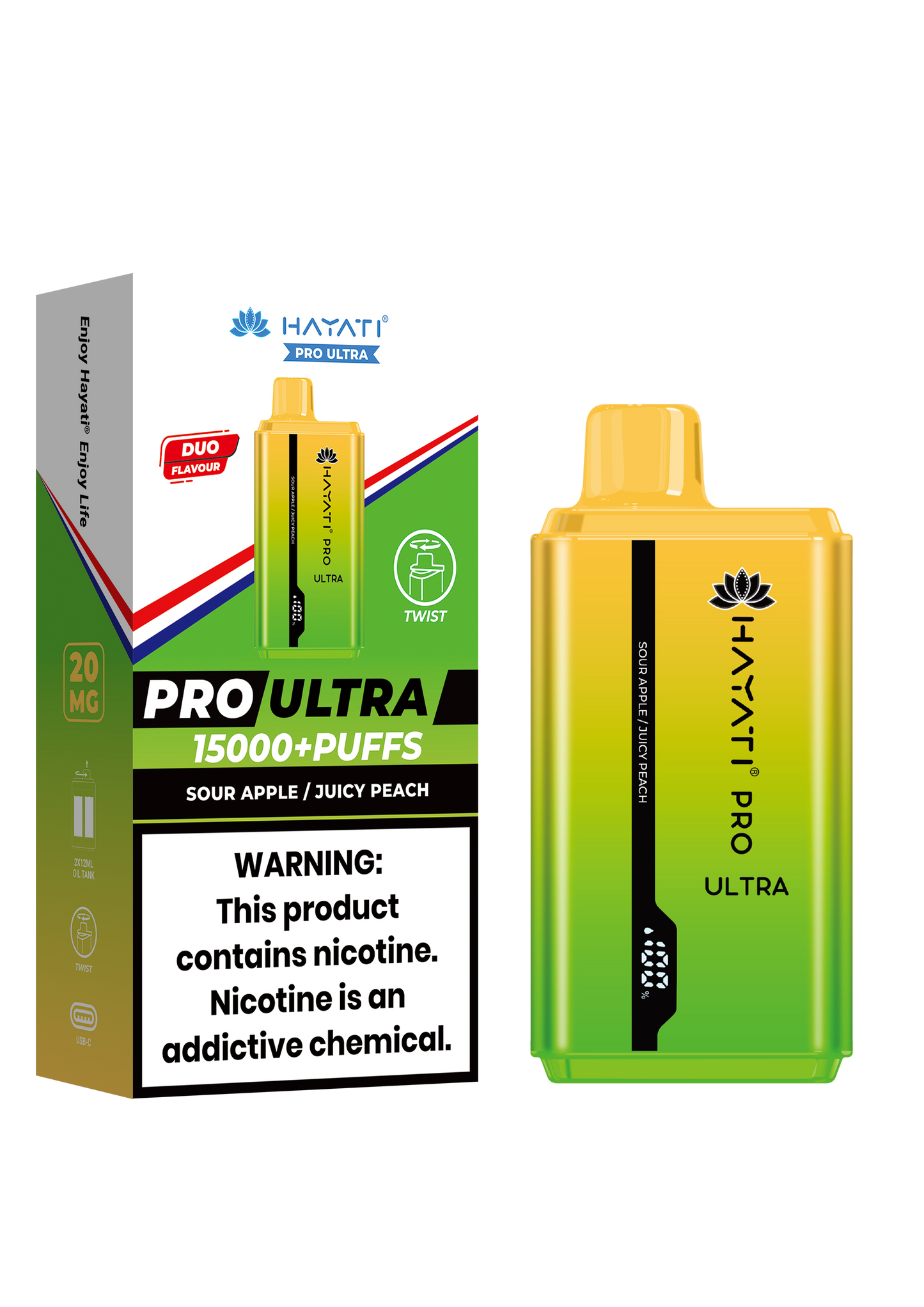 Hayati® Pro Ultra 15000+ Puffs - (Box Of 10) (0MG) Sour Apple Juicy Peach
