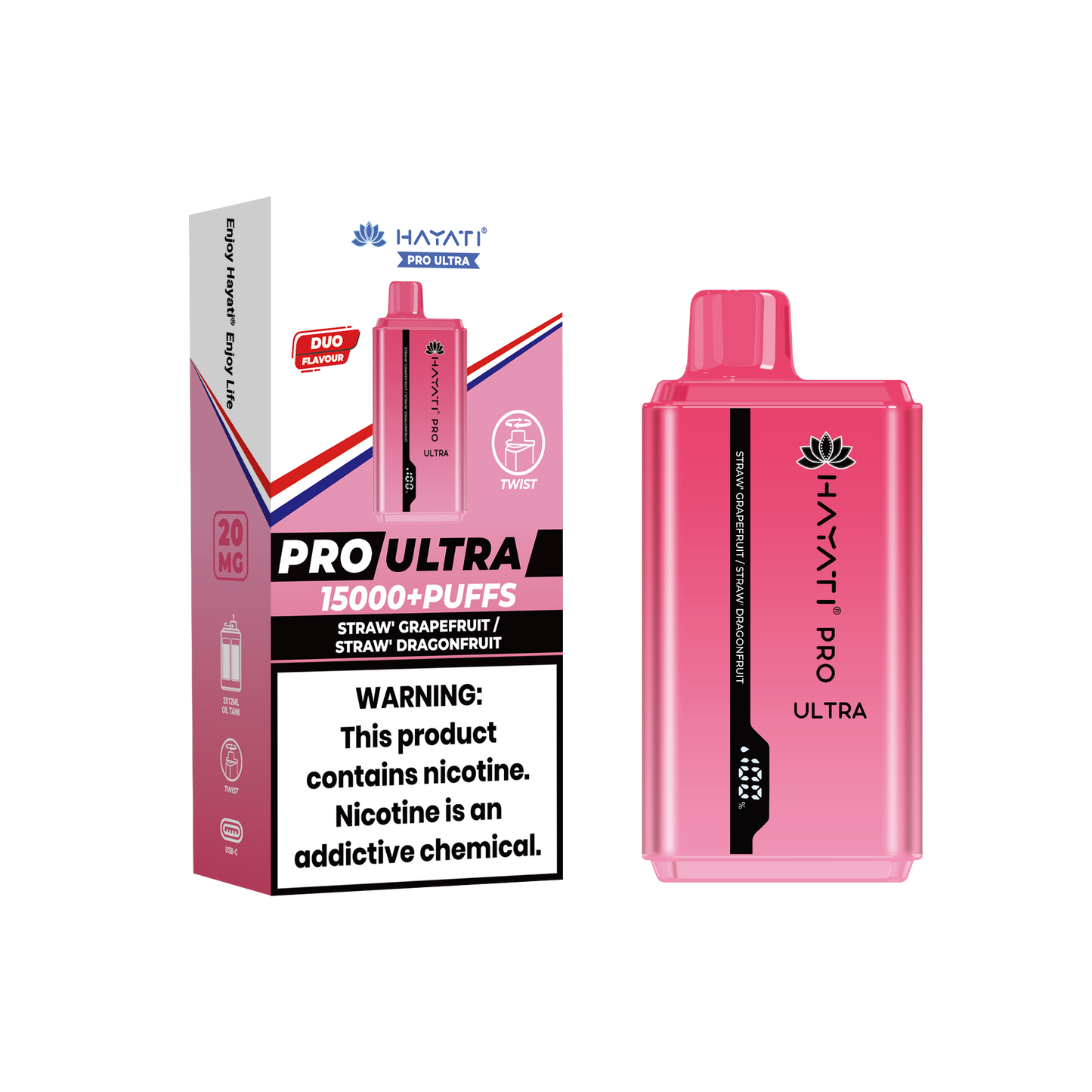 Hayati® Pro Ultra 15000+ Puffs - (Box Of 10) (0MG) Strawberry Grapefruit Strawberry Dragonfruit