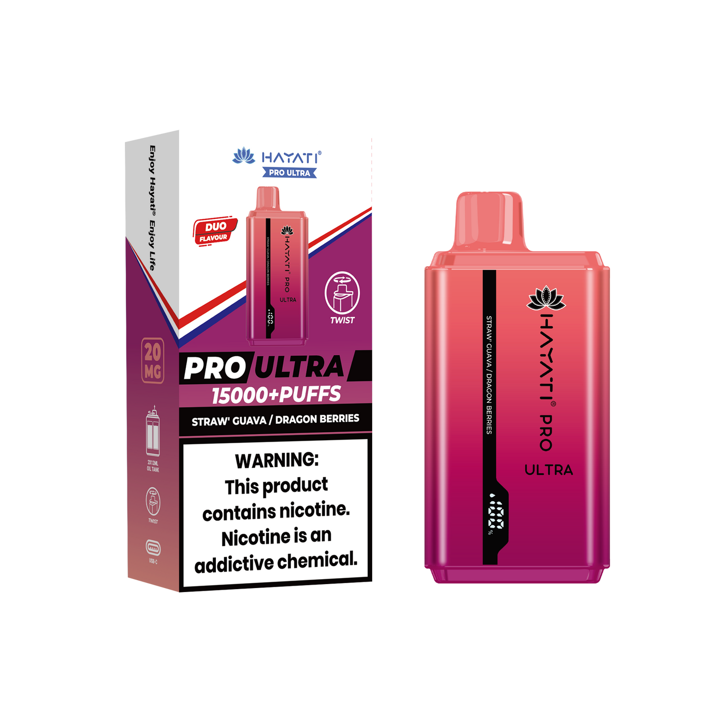Hayati® Pro Ultra 15000+ Puffs - (Box Of 10) (0MG) Strawberry Guava Dragon Berries