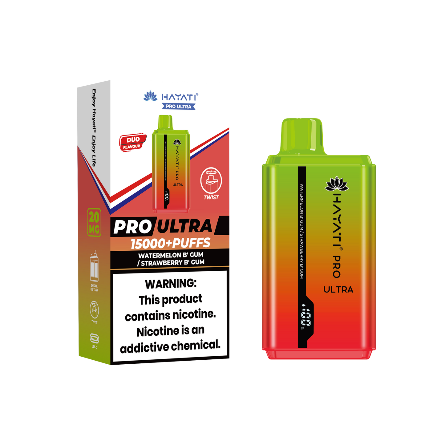 Hayati® Pro Ultra 15000+ Puffs - (Box Of 10) (0MG) Watermelon Bubblegum Strawberry Bubblegum