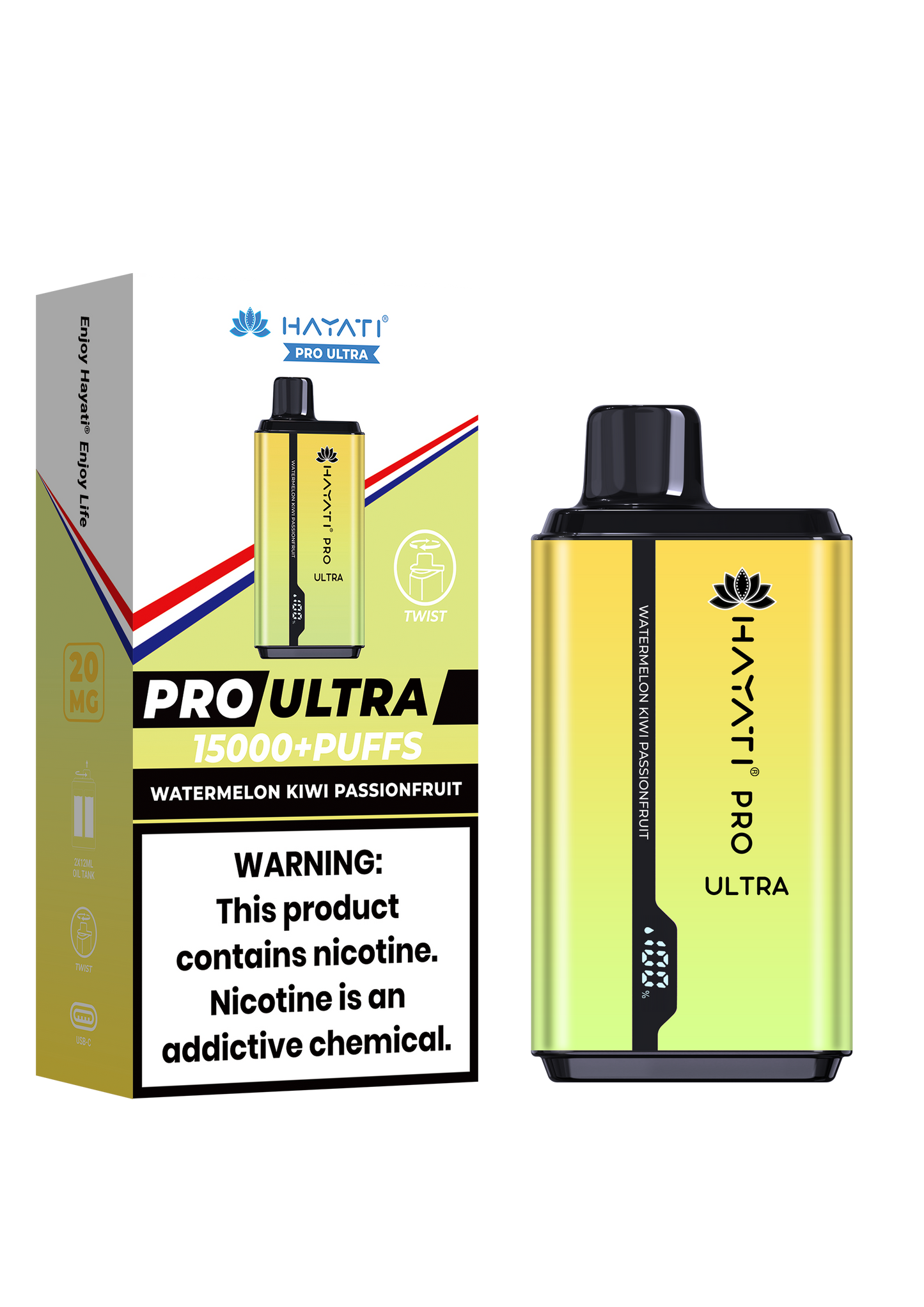Hayati® Pro Ultra 15000+ Puffs - (Box Of 10) (0MG) Watermelon Kiwi Passionfruit